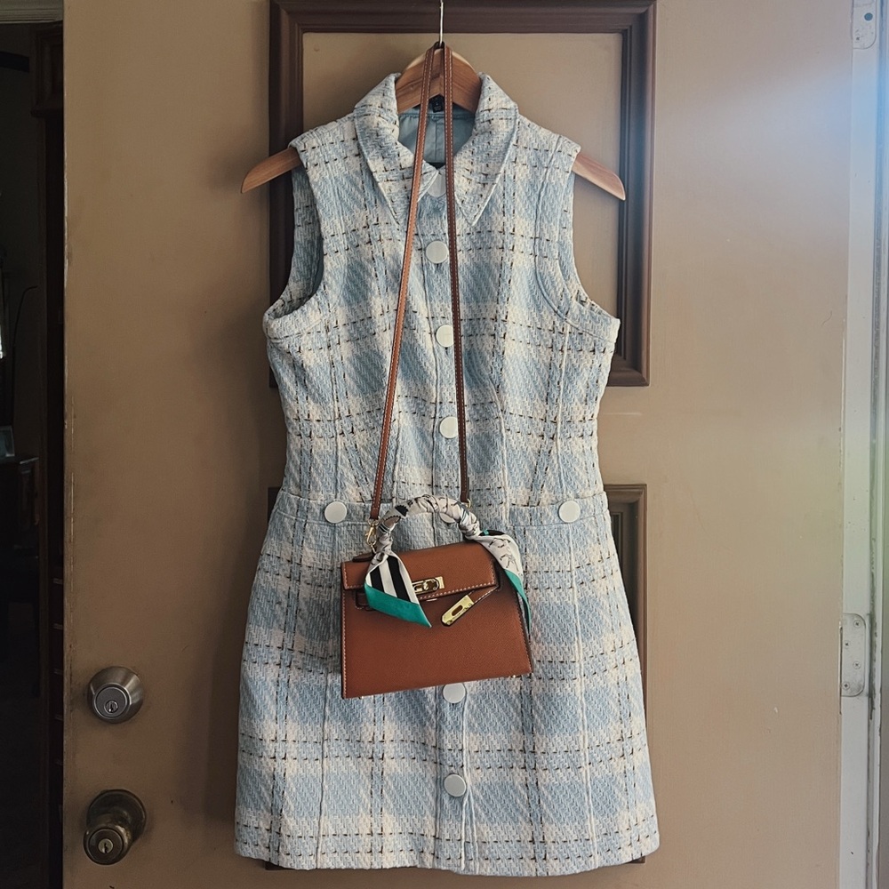 Sleeveless Plaid Tweed Dress in Light Blue